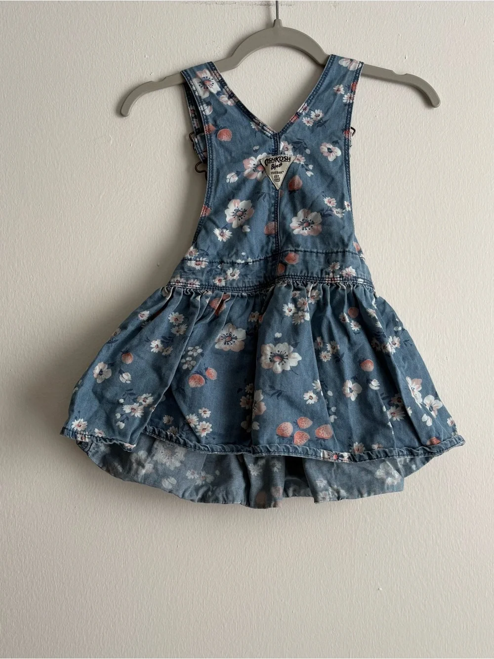 OshKosh B'gosh Girls Overall Dress One-Piece Denim Floral Blue 2T Sleeveless
